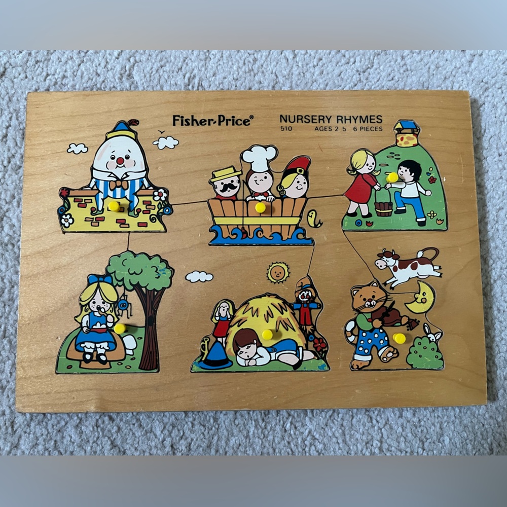 Vintage Fisher Price Nursery Rhymes 6 piece wooden puzzle. #510